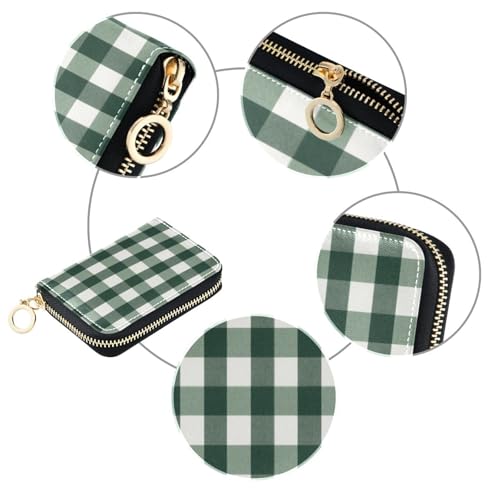 Women's Green White Buffalo Plaid Credit Card Holder Wallet Leather Zipper Card Case for Ladies Girls 203009344