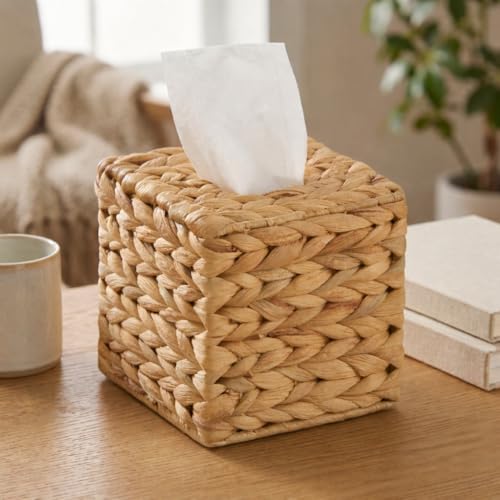 Ornavo Home Water Hyacinth Handwoven Tissue Box Cover – Square Decorative Tissue Holder with Rope Bottom Strap – Fits Standard Square Tissue Boxes – Boho Natural Woven Home Decor