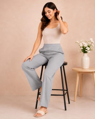 Image of Women's Mid Rise Wide Leg Trousers with Elastic Waist & Pockets
