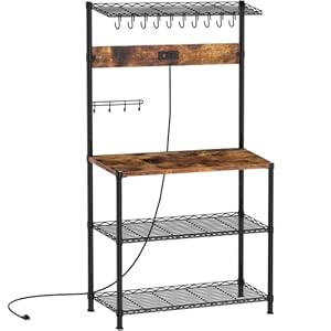 SUPERJARE Bakers Rack with Power Outlets – Height Adjustable Microwave Stand, 4-tier Kitchen Storage Rack with 10 S-shaped Hooks, 360° Hanging Strip, Coffee Bar Station – Rustic Brown
