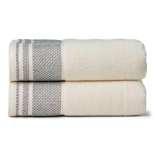 Texere 100% Organic Cotton Rice Weave Jacquard 700 GSM Luxury Bath Towel Set - 2 Large Bath Towels (Rice Weave, Cream w/Blk, 2 Bath Towels)