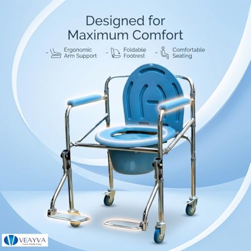 Image of Veayva Heavy-Duty Commode Chair with Wheels, Footrest & Adjustable Seat - Portable Toilet Chair for Elderly, Disabled, and Patient Care