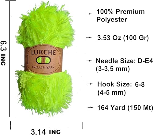 Image of Eyelash Fun Fur Yarn Premium 100% Polyester 164 Yds (150 Mt), 3.53 Oz (100 Gr) Colorful Crochet Yarn Dıy Hand Knitting. (Neon Green, 3 Skein)