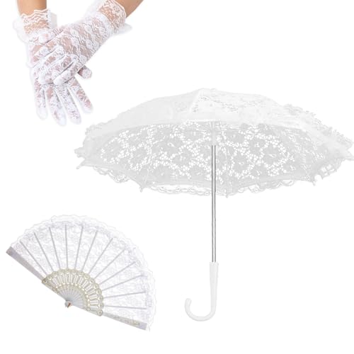 Costume de mariage réussi avec l'ensemble parasol en dentelle et gants blancs