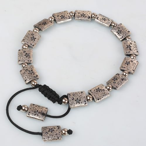 Image of Touchstone Indian Bollywood Handcrafted Nicely Engraved Star Floral Inspired Rectangle Round Style Definition Designer Jewelry Thread Adjustable Bracelet in Oxidized Silver Tone for Women
