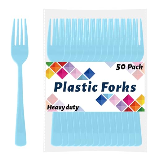CXPSINC Light Blue Plastic Forks Disposable 50 Count - 7.28 Inch Heavy Duty Disposable Cutlery Utensils Solid for Party Picnic Catering Daily Use & More (Light Blue)