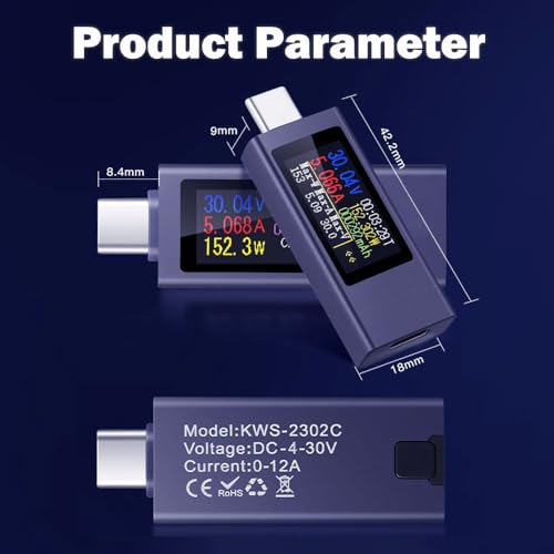 Image of USB C Power Meter Tester, 0-12A /4-30V Multimeter Voltage and Current Tester, Full Interface Compatibility TFT Digital Multimeter Battery Checker