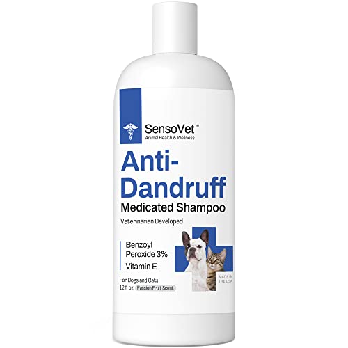 SensoVet Dandruff Shampoo for Cats & Dogs - Benzoyl Peroxide with Vitamin E - for Itchy Dry Skin Seborrhea Folliculitis Dermatitis Acne Flakes & Skin Scaling - 12oz