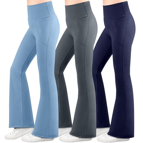 BIG ELEPHANT Girl's Flare Leggings with Pockets, Kids Bootcut Yoga Pants, High Waisted Bell Bottoms for Dance