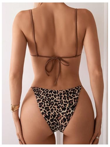 MakeMeChic Women's Cheetah Print Thong Bikini Sets High Cut Leopard Bathing Suit Swimsuit2