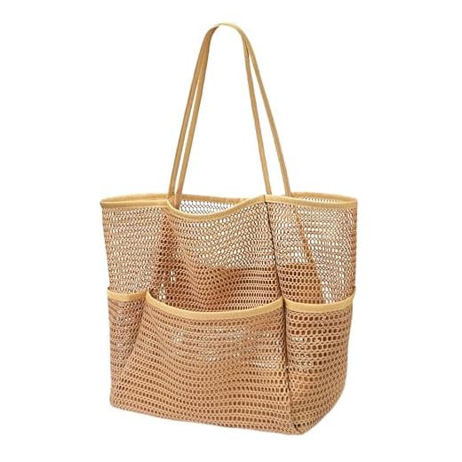 Elepl Grand Sac Cabas en Maille Sac Plage Pliable Tote Bag Femme Panier Plage avec Fermeture Éclair Sac Ete avec Plusieurs Poches Sac Fourre Tout de Plage pour Natation Voyage Gym Rangement de Jouets