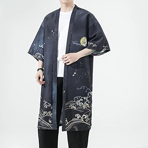 Image of HAORUN Men Japanese Kimono Coat Loose Yukata Outwear Long Bathrobe Tops Vintage