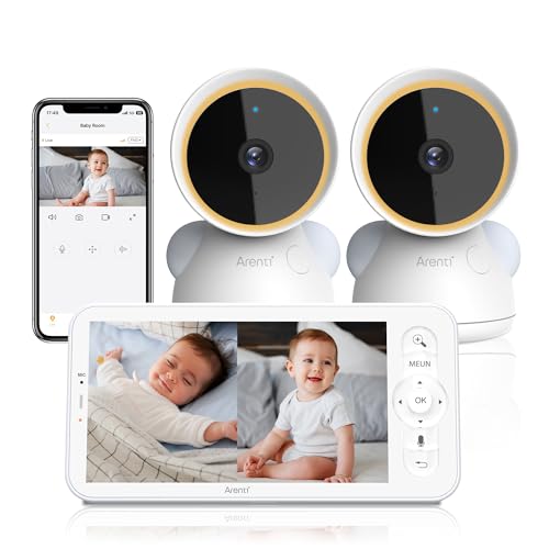 ARENTI 3MP Vigilabebes con 2 Camaras, Cámara de Vigilancia Bebés con Vídeo de 5" Pantalla Dividida, Camara Vigila Bebes, Audio Bidireccional, Visión Nocturna, Luz Nocturna, Detección Inteligente