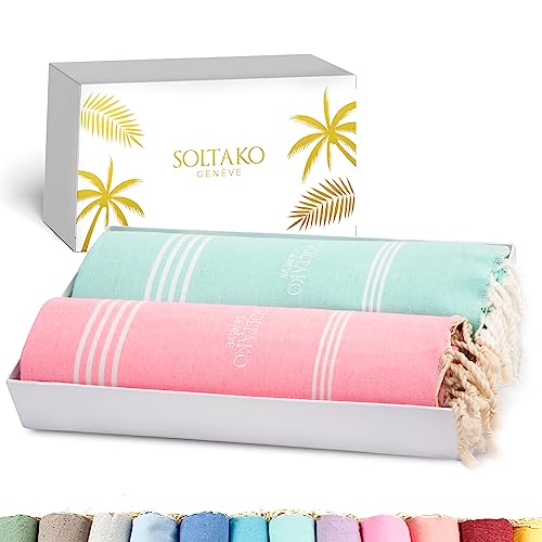 SOLTAKO Juego de 2 Toallas Turca Grande Peshtemal Fouta Beach Bath Gym SPA Yoga Hammam Toalla Piscina Picnic 100% Algodón Toalla Playa Ligera Arena Anti 100x200 cm Regalo del Dia de la Madre