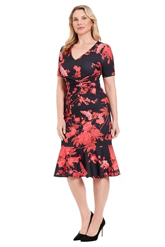 Image of London Times Women's V-Neck Dress - Flounce Hem, Twist Waist, Elegant Office & Event Wear