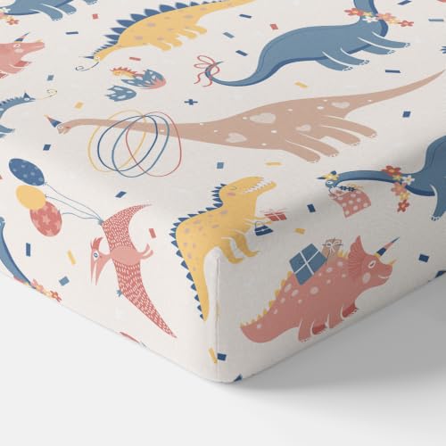 Image of LORETO - A QUALITY LINEN BRAND 144 TC 100% Pure Cotton Single Fitted Bedsheet with 1 Pillow Cover for 72 x 36 Inch Mattress, All-Around Elastic, 8 Inch Deep Pocket, Coral Blue Dino Party