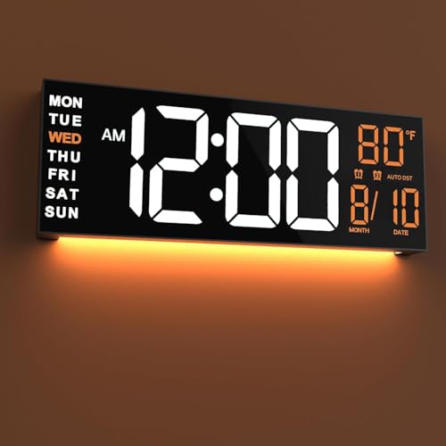 JALL 16' Large Digital Wall Mount Clock, Count Down Timer, Alarm, Big LED, RGB Color, DST, Temperature for Living Room Classroom Desk, Xmas, Birthday Gift for Senior Mom Dad (White Orange, 16 inches)
