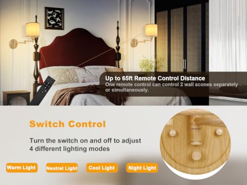 Image of GOODATE Plug in Wall Sconces with Remote Control, Dimming & Adjustable Colors 2700K-6500K, Hardwire or Plug-in, Swing Arm Wall Lamp, Wall Sconces Set of Two, White Fabric Shade, Oak Finish
