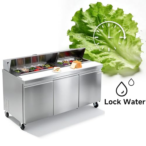 Image of BODEGACOOLER 72 inch W Sandwich Prep Table Refrigerator,16.27 Cu.Ft Commercial Refrigerator Stainless Steel, 3 Door Pizza Prep Table Station with 18 1 /6 Pans for Food Truck,Hotel,Restaurant,Kitchen
