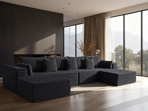 Image of 138 inch Cloud Sectional Couch, Comfort U Shaped Sofa for Living Room, Extra Deep Seats No Assembly, Minimalist Modular Couch, Corduroy (Black, 6 Seats,U-Shape A)
