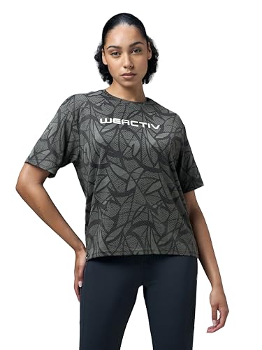 Image of TECHNOSPORT Women's Relaxed Fit Abstract Print Jacquard Crew Neck Half Sleeve T-Shirt for Gym, Sports & Regular Use