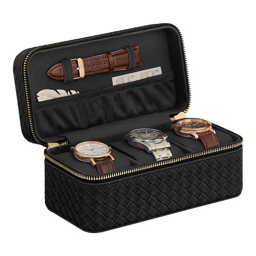 SONGMICS HOME RONNE Collection - 3 Watch Travel Case, 3-Slot Watch Box, Woven Embossed PU Leather, 3.9 x 7.9 x 3.5 Inches, Gift Idea, Ink Black Surface, Ink Black Lining UJWB017B01