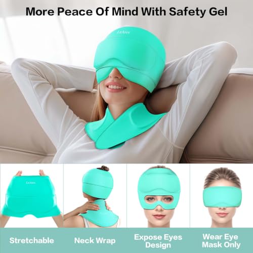 Image of 3 in 1 Migraine Relief Cap Neck Ice Pack Wrap Gel and Ice Eye Masks, Detachable Ice Caps with Eyes Masks, Hot and Cold Therapy for Relief of Headaches, Stiff Neck and Eye Fatigue (Mint Green)