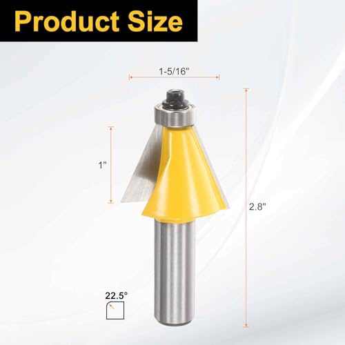 Image of HARFINGTON 22.5 Degree Chamfer Router Bit 1 /2 Inch Shank 1 inch Cutting Length Carbide Tip with Bearing for Woodworking Milling Cutter Tool, Yellow