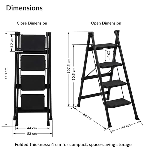Image of Plantex 4 Step Ladder for Home Use /Wide Anti-Slip Heavy-Duty Step Stool /Lightweight Kitchen Ladder 4 Step (Black)