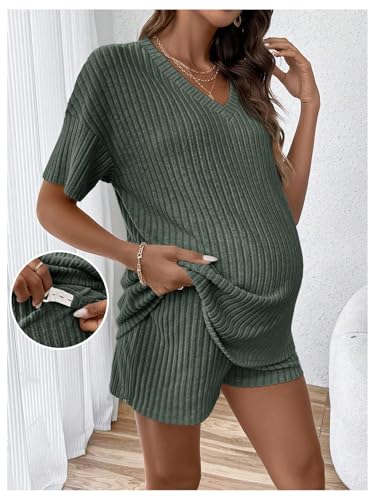 Image of MakeMeChic Women's Maternity 2 Piece Outfits Summer Short Sleeve Rib Knit Tee Top and Short Lounge Sets Clothes