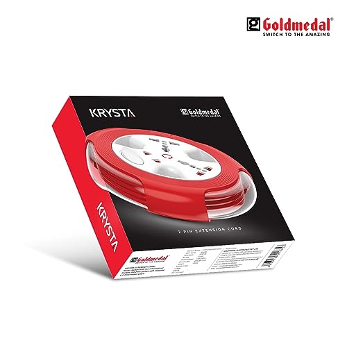 Image of Goldmedal Krysta 2 Pin Extension Cord (White and Red) - Pack of 1, Master Switch with Indicator, Heavy-Duty 5-meter Cable, International Sockets & 2-Pin Socket, Ultra-Smooth Rotation for Home & Office