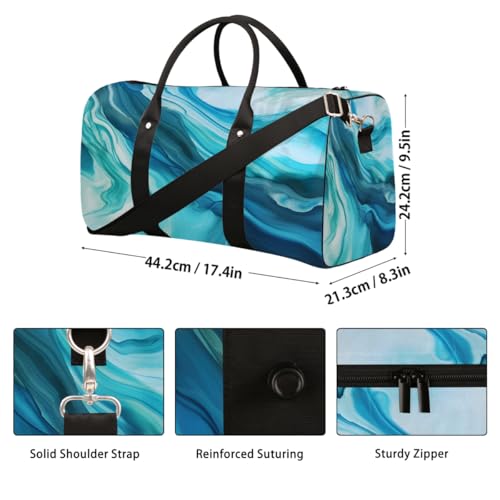 Abstract Blue Green Marble Pattern Travel Duffel Bag Sports Tote Gym Bag Waterproof Tear-Resistant Carry On Overnight Bag Foldable Weekender Bag for Gym Travel Getaway Beach Sports2