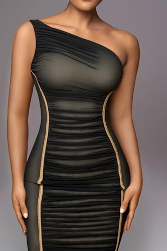LAGSHIAN Women's Sexy Bodycon Cocktail One Shoulder Sleeveless Mesh Ruched Midi Party Dress4