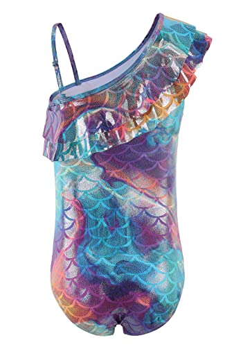 Image of Big Girls One Piece Mermaid Swimsuits One Shoulder Ruffle Bathing Suit Size 16 /14-16