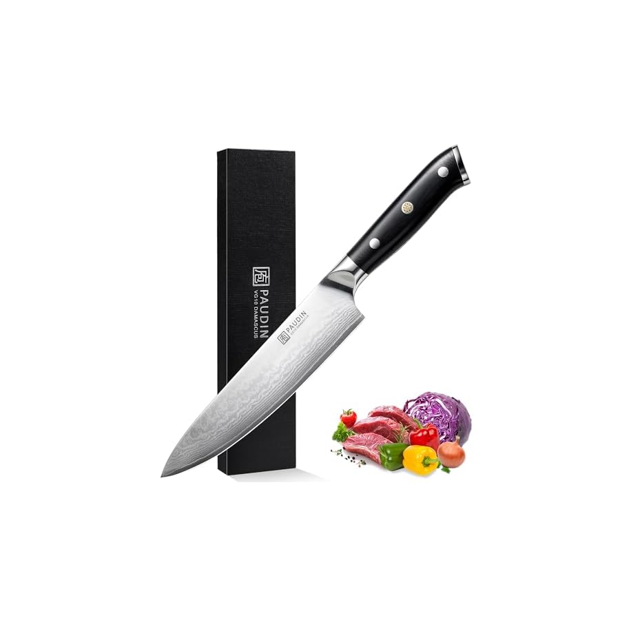 PAUDIN Damascus Chef Knife, 8 Inch Kitchen Knife, 67 Layers Damascus Steel Knife Japanese VG10 Core, Professional Chefs Knife with Ergonomic G10 Handle