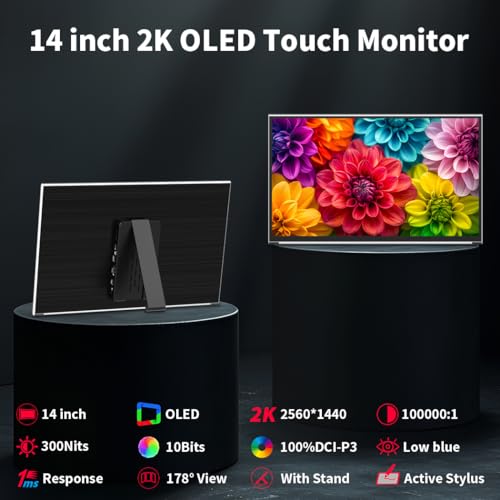 Image of OLED Portable Monitor 14 inch 2K | 2560x1440 Portable Touchscreen Display|100% DCI-P3 | 10 Bits | Compatible AES Stylus Pen|Ultra-Slim| Kickstand| 1Ms OLED Gaming Monitor