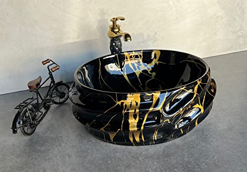 Image of Designer Glossy Finish Ceramic Art Table Top Wash Basin For Bathroom | Collapsible Countertop Washbasin (Black White Glossy Art, 16 x 13 x 6 Inch)