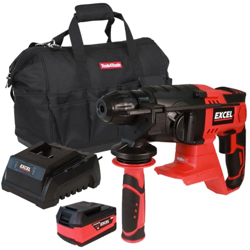 Excel 18V Cordless SDS+ Rotary Hammer Drill EXL554B with 1 x 5.0Ah Battery Charger & Tool Bag - Variable Speed 1500RPM - 4 Mode Operation - LED Worklight - 360° Rotation