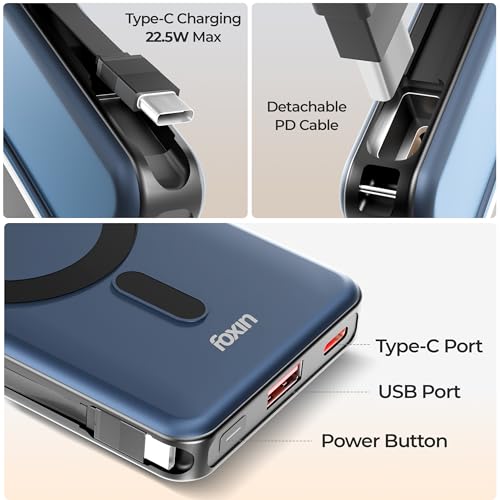 Image of Foxin Mag One Wireless 10000mAh Fast Charging Power Bank with Metal Stand | USB Type C Input & Output, 22.5W Portable Charger for iPhone 12 & Above, Android & Qi Enabled Devices | Stellar Blue