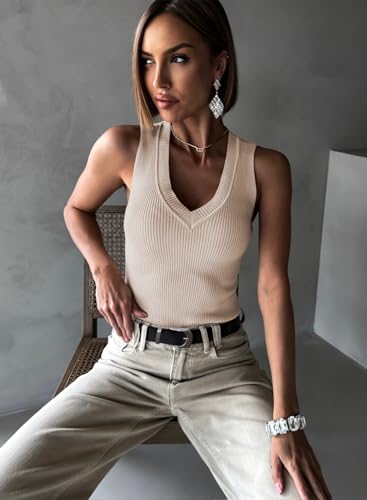 miduo Womens Casual Slim Fit V Neck Ribbed Knit Tanks Tops Sleeveless T Shirts Blouses4