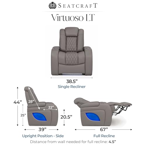 Image of Seatcraft Virtuoso LT Gray Italian Leather Home Theater Seating, Zero Gravity Power Recliner, Powered Headrest and Lumbar Gaming and Home Office Chair, Heat and Massage Lounge Sofa, Single Recliner