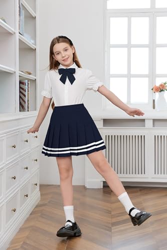 Image of Betusline Girls Skirt Set JK School Uniform 2-Piece Outfit - Short Sleeve Shirt with Bow & Webbing Style Solid Pleated Skirt,Webbing Navy Blue, 4-5 T = Tag 120