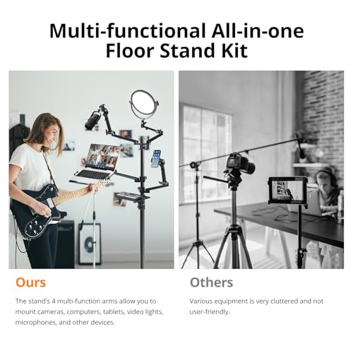 Image of GVM 5-in-1 Movable Live Streaming Floor Stand Kit with Wheels, Overhead Camera Mount with 10 inch LED Key Light /Mic Boom Arm /Tablet Laptop Phone Stand /Tray for Live Broadcast Podcast Video Recording Game