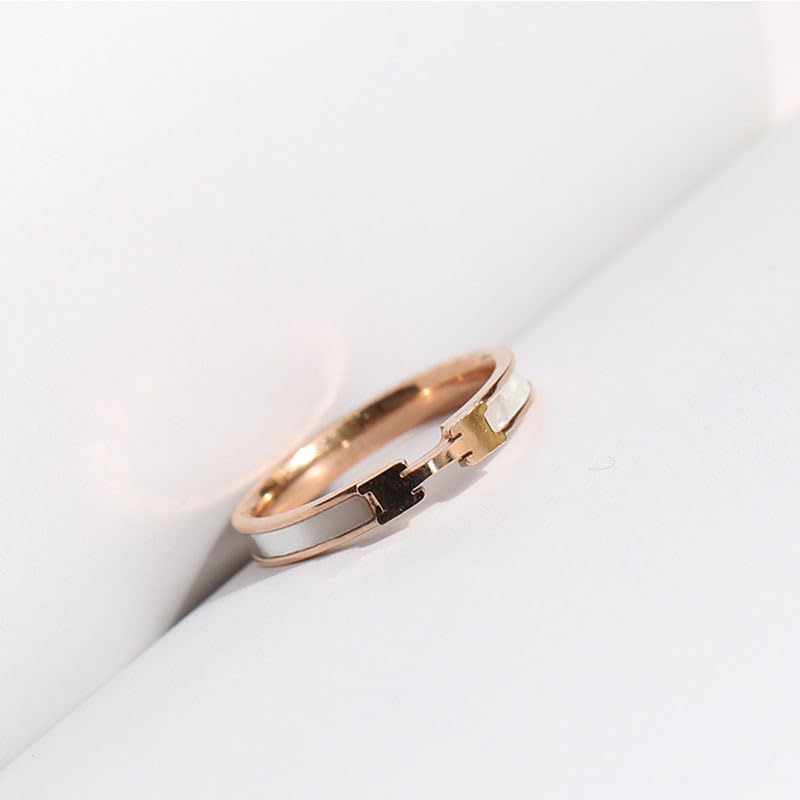 Minimalist H White Shell Titanium Steel Female Rose Gold Ring Gifts to Girlfriend for Wedding3