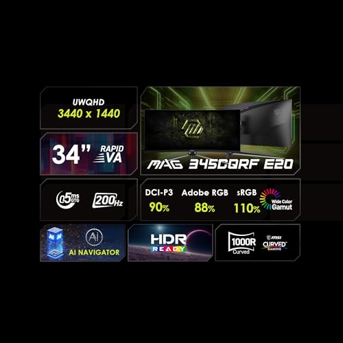 Image of msi MAG 345CQRF E20 34-inch 3440 x 1440 (UWQHD) Gaming Monitor, 180Hz, AMD FreeSync Premium, HDR Ready, HDMI, VGA Port, VESA, Tilt, 1ms, Black