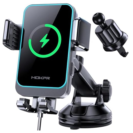 Wireless Car Charger, MOKPR 15W Fast Charging Auto Clamping Dashboard Windshield Air Vent Car Phone Holder with LED Light Car Charger for iPhone 16 15/14/13/12 Pro Max Plus, Samsung S23/S22/S21,etc