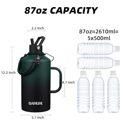 Image of BJPKPK 2 /3 Gallon Water Bottle Insulated with Straw Lid, 87oz Large, Stainless Steel Water Bottles with 3 Lids and Paracord Strap, Double Wall Vacuum Metal Water Jug, Army Green & Black