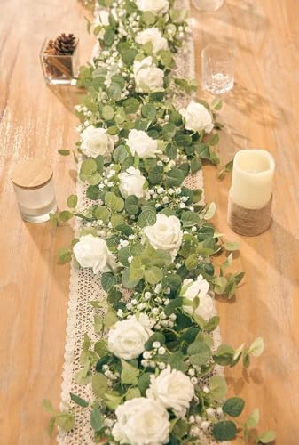 Anna's Whimsy 5.91FT Artificial Eucalyptus Garland with Flowers, Fake Flower Rose Gypsophila, Faux Floral Greenery Garland for Wedding Spring Home Party Craft Art Table Runner Decor