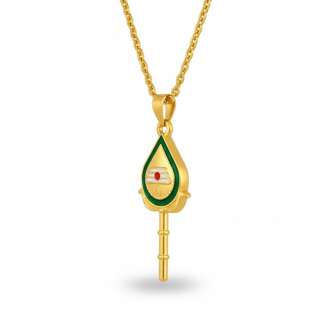 m men style Tamil Om Vel Pendant Necklace for Men & Women | Gold Plated Hindu Religious Jewelry with Green Enamel | 40mm Height | Spiritual Temple Jewelry Gift Gold SPn2026110-picture-56