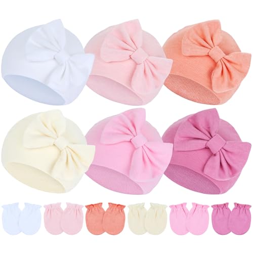 Image of Cinaci 6 Sets Bow Turban Hats Nursery Caps Bonnets with No Scratch Mittens Gloves for 0-6M Baby Girls Newborns Infants
